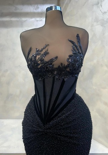 Niulatu Strapless Sheath Long Prom Dresses Tulle BeadedBlack New Year Evening Dresses HZ1026